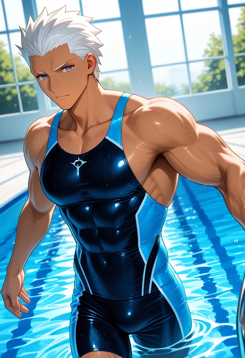 ((33 year old swimmer))、((good looking))、((Swimsuit))、(((Poolside)))、((The facial expression of orgasm))、,Short Hair、((buzzcut))、A little muscular、((Wet with water))、((Masculine))、Detailed facial expressions、(masterpiece),Highest quality,Excellent ???????、、Overall dark atmosphere