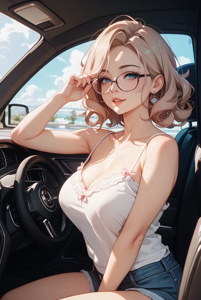 tmasterpiece,(tmasterpiece,top-quality,best qualityer),1girll, jewely,耳Nipple Ring,choker necklace,bangle, hoop earings, circle glasses,sun glasses, Long hair and long meat, Blonde hair,Black color hair,Silvery-white hair,Maroon hair, solo, ssmile, looking at viewert, motorvehicle,The Car, Sports cars,groundvehicle, Sat down, exteriors, daysies, nedium breasts,Open navel, dark skinned female, floral patterns, grinning smile,collars,Laser cloth,Sexy bikini,laser,holy rays,gold foil,Gold leaf art,glitter drawing,Correct anatomy,Detailed face, Detailed eyes,Chest exposed,(pov sex, CarDoggy)