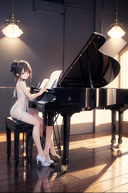 , masterpiece, Highest Quality, Highest Resolution, perfect background, perfect perspective, sharp image, perfect details, perfect lighting, perfect shadows, Perfect lighting, Best background, 1girl, solo, AG Mel, leotard, pantyhose, black hair, large breasts, body suit, head gear, long hair, white one piece, sitting, playing piano, from behind, behind view, back,