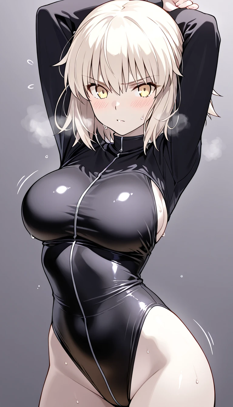 highest quality, High resolution, AND18, 1 girl, android 18, alone, golden hair, blue eyes, short hair,earrings,big breasts, frown,troubled face, Sweat,1 girl, Black tight suit, streak,looking at the viewer,backwards,thrust one&#39;s butt at the viewer
