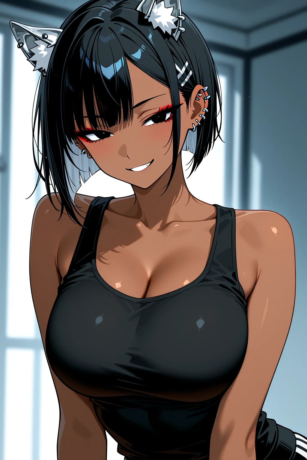 Inside the sports gym,inside the dance studio,((face close up1.8)),One 16 years old girl,sweat,(dark skin color),short black hair,seductive smile,high-neck-leotard,bodysuit.