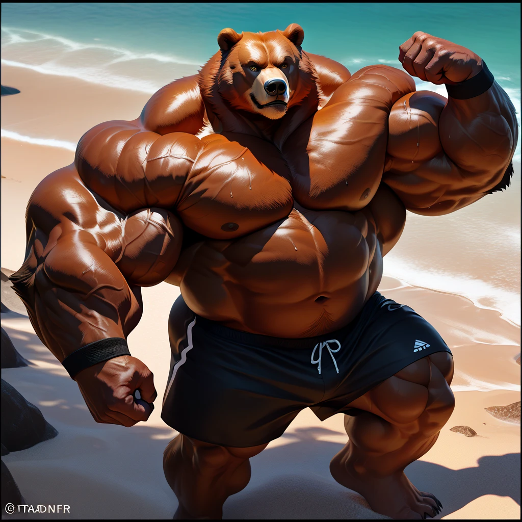 realistic, hyper realistic, detailed muscle,(furry brown grizzly bear), good anatomy, masterpiece, art winner, beach, extremely huge muscular, massive muscular, full-body, well-muscled old man. ((extremely muscle size, super thick arms, huge pec, extremely wide pectoral, brown fur, huge arms)). Lifting a huge barbell, and add details to make it attractive and interesting. Add textures and details to make the image more realistic, Make sure the resulting image is high resolution, 8K quality."