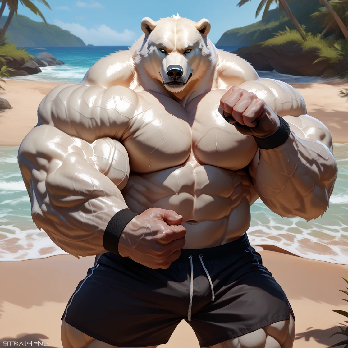 One tall Polar Bear with big muscular body shirtless and topless with light blue shorts and a dog tag on his neck, veiny, flexing