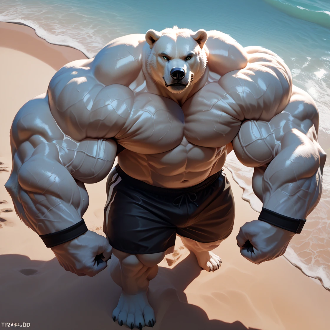 realistic, hyper realistic, detailed muscle,(furry White Polar Bear), good anatomy, masterpiece, art winner, beach, extremely huge muscular, massive muscular, full-body, well-muscled old man. ((extremely muscle size, super thick arms, huge white fur, huge pec, extremely wide pectoral, huge arms)). Black competitive brief trunks.
and add details to make it attractive and interesting. Add textures and details to make the image more realistic, Make sure the resulting image is high resolution, 8K quality."