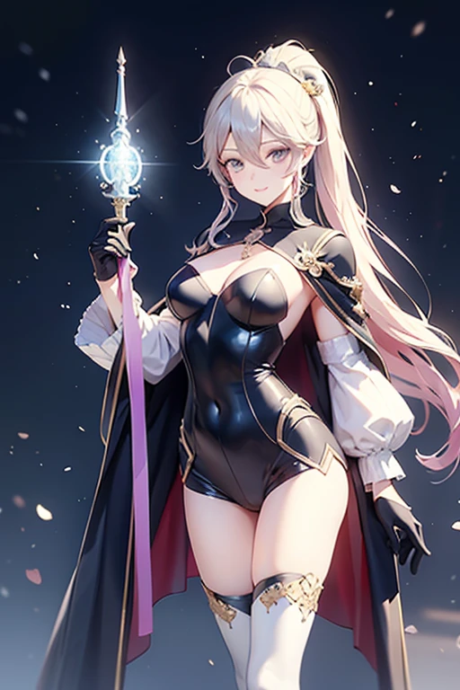 Please follow the all prompts below exactly and faithfully, This is a breathtaking masterpiece of digital illustration, with maximum resolution, UHD, 512K, 2160p, 10 million ppi, 300 million dpi, natural color tones, ultra sharp details, perfect outlines with contrast, ((smooth, soft and clearly and most realistic skin and hair texture)), most beautiful detailed eye features, perfect anatomically correct human body, beautiful background with depth, rule of thirds, depth of field, Maximize all element is used to its full potential to create the best digital illustrations, 1woman, sexy:1.5, beautiful face sharp, elegant woman, perfect body style, slender, beautiful big breasts, green eyes, blonde hair, hair over one eye, short hair, glossy very thick lips:0.7, pink lipstick:0.7, smile, witch costume, mini skirt, holding a staff, wearing a wide-brimmed hat, incorporating purple, vibrant colors, dynamic pose with staff brandished, in a dungeon, lace details, velvet texture, thigh-high stockings, ornate belt, mystical charms, glowing amulet, enchanted cloak, shimmering veil, intricate lacework, magical glow, sparkling tiara, silver embroidery, arcane grimoire, dragon-touched focus, elven chain, enduring spellbook, hat of wizardry, professor orb, robe of the archmagi, rod of absorption, staff of the magi, embroidered details, flowing capes, tall boots, mystical symbols, glowing runes, magical accessories, sparkling gemstones, intricate patterns, magical auras, shimmering fabrics, elegant gloves, silver accents,
