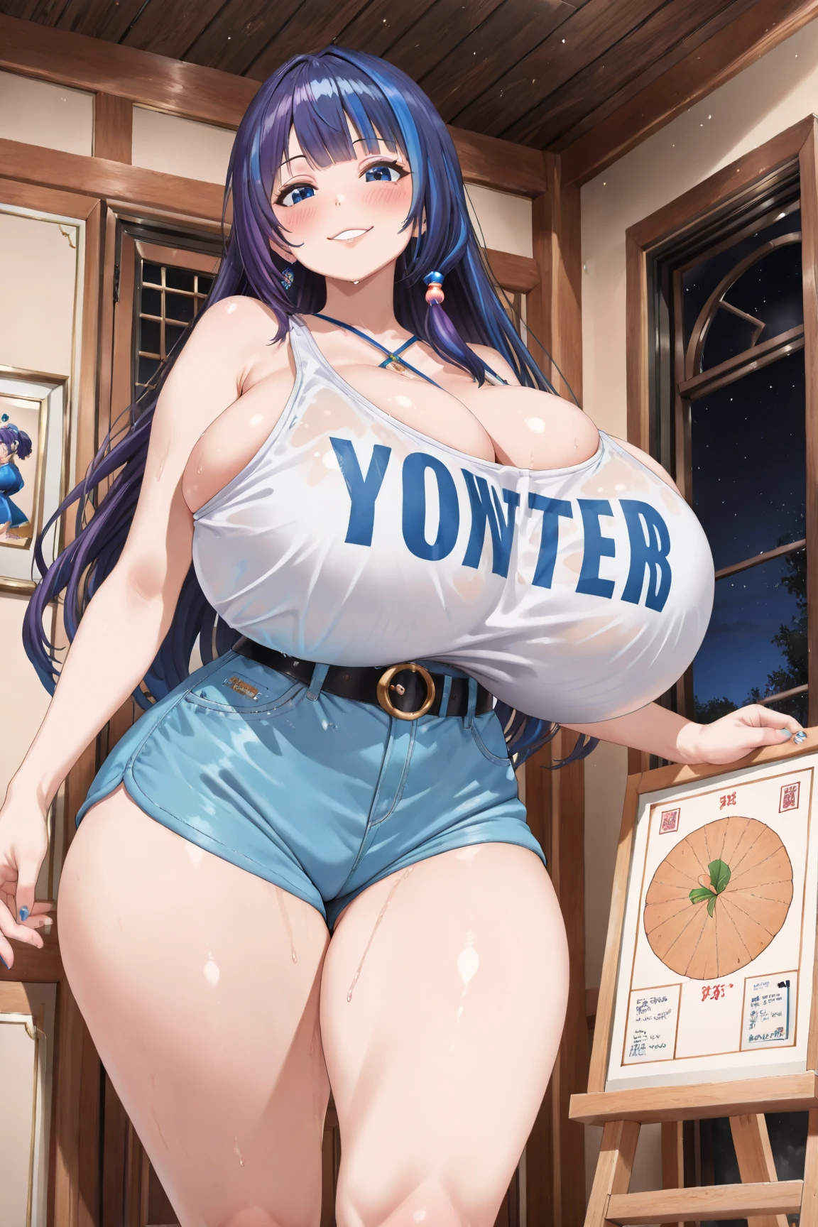 2heads, a tall skinny woman with 2 heads. She is standing outside of a busy bar at night, on the sidewalk. Enormous breasts. She has long straight blue hair. She is wearing a tight tank top. Wearing shorts. Wearing snapback hat. Massive fake perky breasts. Cute mature face. Blushing, smug expression. Skinny, huge breasts. Spunky. Many tattoos and piercings. Thick eyeliner. Gigantic tits, enormous massive boobs. Smoking a cigarette. Extremely tall. Massive tits.