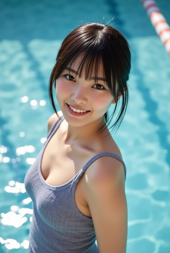 Best image quality、超A high resolution、Tabletop、Photo quality(Realistic:1.8)、pores、Accuracy、Japanese women、18-year-old、Black-haired、Cute dimples、Young Face、Short Bob、Slender girl、Small breasts、 Flat-breasted、My eyes and body are wet with sweat、Shiny skin、Glowing Skin、Apply oil to the skin、To the camera、Turn your body forward、Cross your arms、Arms crossed、Hide your chest、Spread your legs、Sit with one knee up、Keep your knees wide apart、Gravure Beautiful Girl、stand、Outdoor Resort Pool、blue sky、White cloud、Light of the sun、reflected light、highlight、High Legカット、Swimwear、White and navy blue、speed、High Leg、time、Stay still、Laughing with your mouth open、Ecstatic expression、White teeth、Happily、I'm looking forward to、Look straight ahead、mischievous angel、