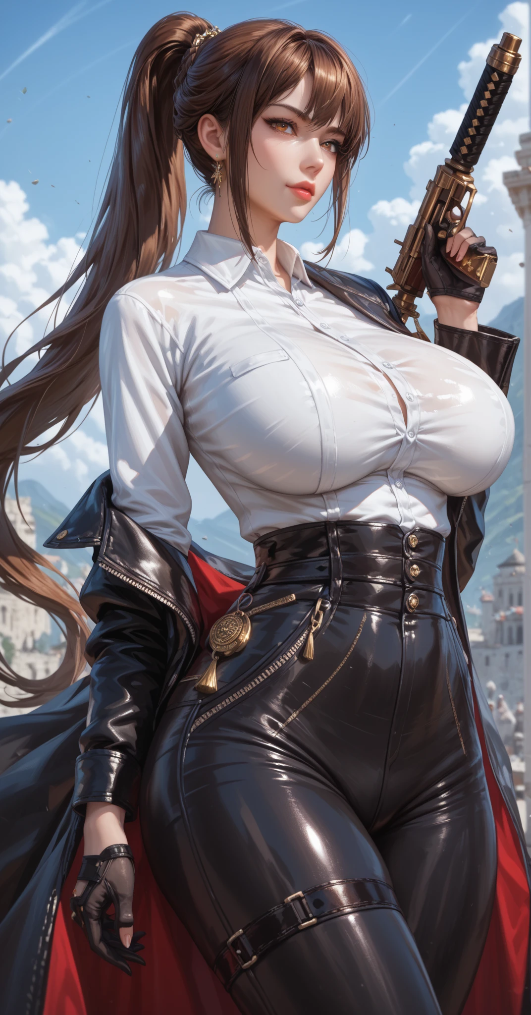 daughter (masterpiece:1.4), (8k, realistic, raw photos, best quality: 1.4), japanese, (1 girl), beautiful face, (realistic face:1.4), (caramel hair, long hair:1.3), beautiful hairstyle, realistic blue eyes, beautiful detailed eyes, (realistic skin:1.3), beautiful skin, attractive, super high resolution, super realistic, highly detailed, golden ratio, (detailed face: 1.4), looking at the audience, white shirt, medium breasts, standing, Hands on chest, Clear shirt, (torn clothes:1.5), (no bra:1.4), perky_nipples, short jeans, shorts, city street, cute smile, red lips, (golden ratio fingers: 1.5), (illustration background, CGI, movie, futuristic, mountain, snow, thick thighs, robust, gothic, gold trim, cthulhu, octopus, official art, cape)