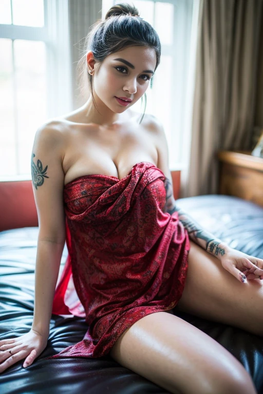 arafed woman in red lingerie sitting on a bed, of taiwanese girl with tattoos, inked, tattooed, with tattoos, tattooed body, red bra, some red, inked and colored, red lace, looking hot, red hot, she's on my bed in bikini, stunning appealing figure, very sexy, with beautiful exotic, red and white, very seductive pose