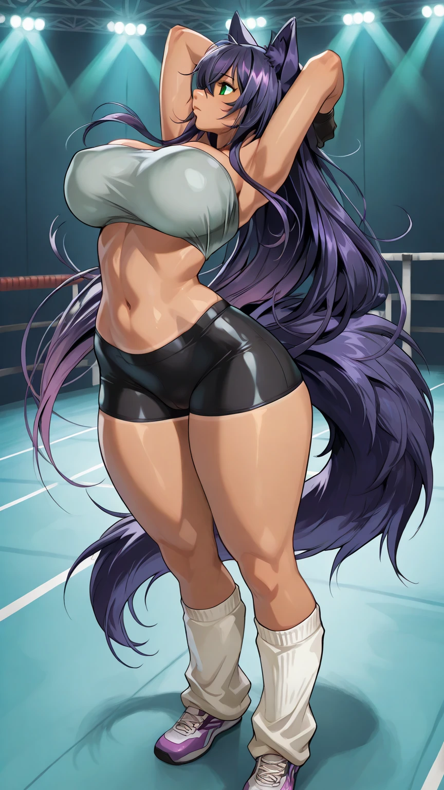 Masterpiece, best quality, Masterpiece, best quality, 1 woman, Tie your hair into a long purple ponytail.... , green eyes , purple lace bikini , big breasts , abdomen , Long legs , Put your hands on your hips...... , Barefoot , full body , train station , It's crowded.