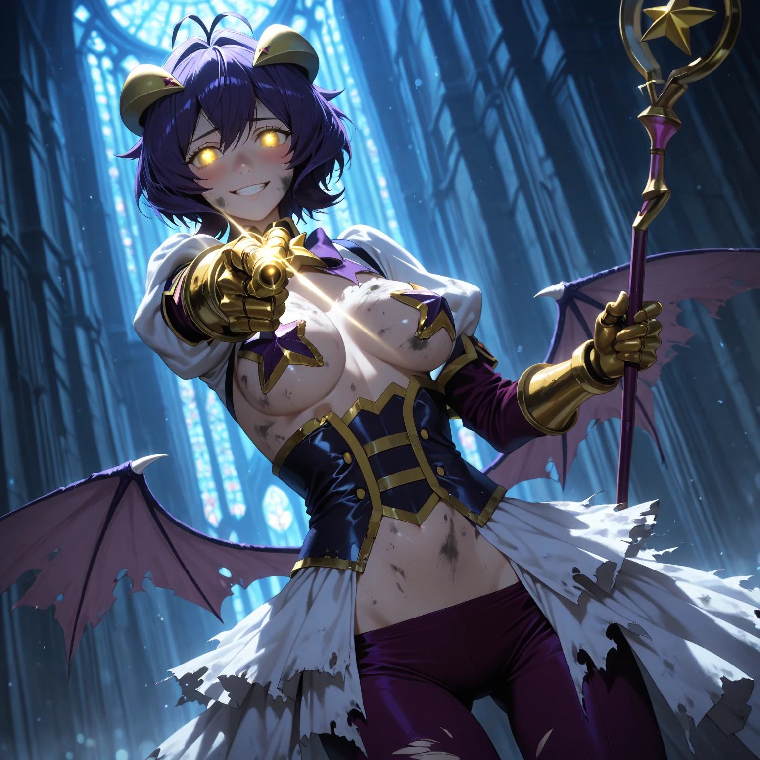 magiabaiser, short hair, black hair, ahoge, bangs, hair between eyes, demon horns, yellow eyes, symbol-shaped pupils, wings, black nails, corset, long pants, lowleg pants, puffy sleeves, navel, star pasties, grin, sitting, forest <lora:magia_baiser-000003:1>
