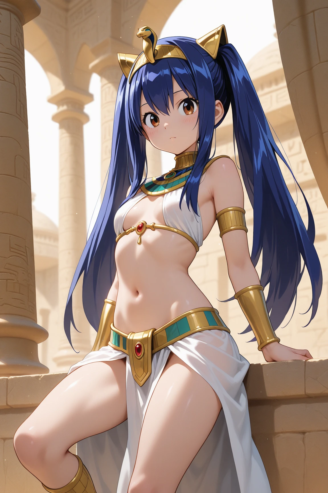 1girl, bangs, long hair, egyptian queen, tan skin, brown skin, blue eyes, white dress, midriff, short skirt, middle-aged woman, mature woman, mother, ancient egypt palace, thick body, venus body