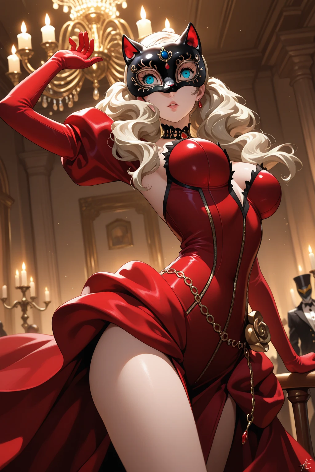A shot framed by rows of cold, calculating LED lights casts an eerie glow on a lab filled with human bones. A stunning woman, her blonde hair styled neatly, stands amidst the relics in stiletto heels and a provocative outfit - a red pencil suit with a low-cut top and a red miniskirt. Her piercing blue eyes seem to gleam with intelligence and malice behind sharp silver-rimmed glasses. As she smiles at the camera, her beauty and seductive charm are undeniable, even amidst the gruesome experiment's results.