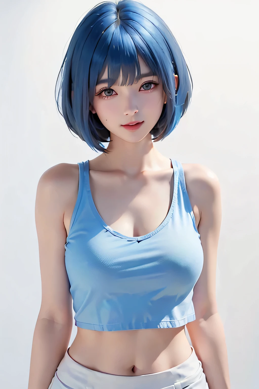 (masterpiece:1.5), (8k, photorealistic, RAW photo, best quality: 1.4), ultra high res, ultra realistic, highly detailed, golden ratio, (1 woman:1.5), 25 years old, beautiful face, (realistic face), (shine blue hair, bob cut ,parted bang:1.5), (parted bangs:1.3) ,beautiful hairstyle, realistic eyes, (brown eyes:1.4), beautiful detailed eyes, (realistic skin), beautiful skin, (cute smile:1.2), (white tank-top:1.2), (white pencil skirt), small breast, looking front, (cowboy shot:1.2), (white background:1.4)