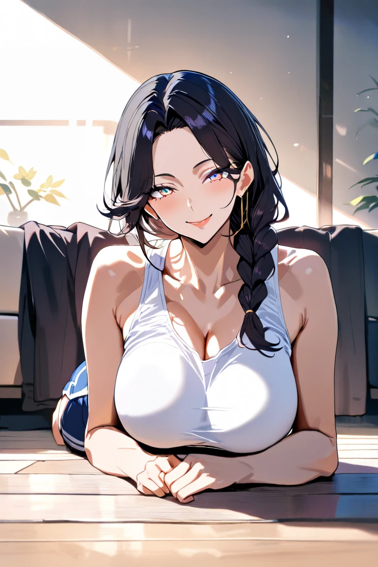 masterpiece, best quality, cowboy shot, solo, 1girl, mlppinkiepie, smile:0.5, looking at viewer, pink tank top, pink sweat pants, living room, indoors,dynamic lighting, slight smile, medium sized breasts