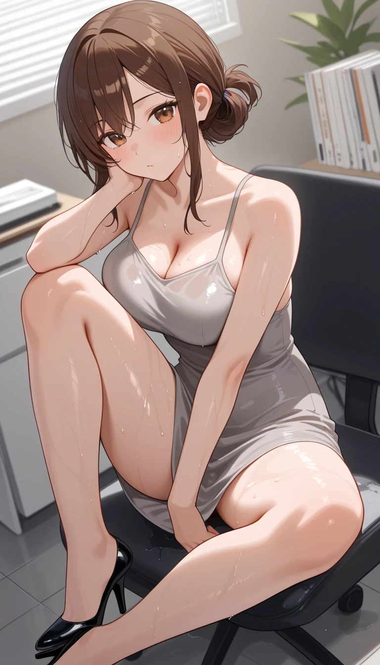 (beautiful hand:1.2), (masterpiece, best quality:1.3), Aiko Katsuragi, mature female, (full body shot:1.05), milf, (curvy:0.9), 1girl, anime face, sitting on chair, sexy tank top, short pencil skirt, (thighhighs:1.05), highheels, makeup, large breasts, lipstick, brown eyes, folded ponytail, brown hair, cleavage, perfect body, (athletic body:1.1), perfect eyes, anime eyes, smoky eyeliner, eyeshadow, perfect face, happy face, glance, blush, smile, high sharpness, sharp focus, medical room, professional artwork, intricate details, vivid colors, Diffused lighting, digital blending, ultra detailed body, ultra detail hair, ultra detail face, trending on pixiv, topless
