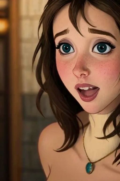 woman, ((Masterpiece, best quality)), detailed skin, highly detailed, cinematic lighting, ultra realistic, blush, looking at viewer, jane porter, jane from tarzan, disney, brown hair, blue eyes, long hair, portrait, kneeling, big breasts, cleavage, cum on face, open mouth, wild scenery