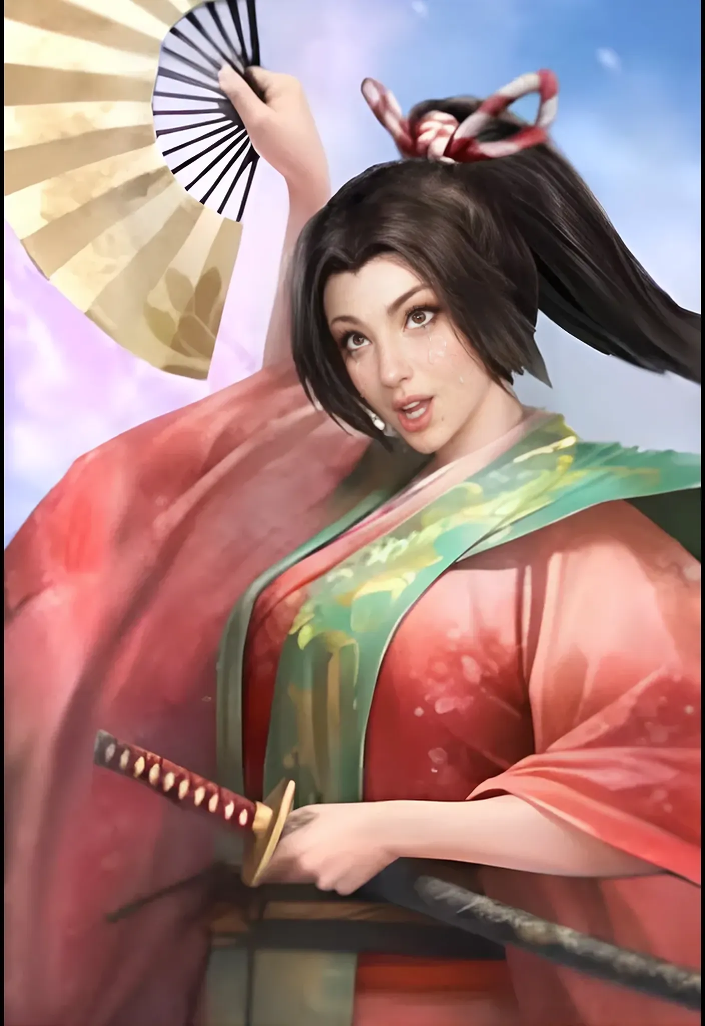 (Browsing Caution), (RAW Photos), (Realistic), (Photorealistic), Ultra-high resolution, masterpiece, Highest quality, Portraiture, facial Portraiture, Perfect lighting, Detailed lighting, Dramatic Shadows, Ray Tracing, Pure Eros Face_v1, Urzan-6500-v1.1, ((smile)), ((IncrsUnsheathingAKatanaMeme)), (()), ((holding )), looking at viewer, ((wearing a kimono)), ((in old Japanese street)), ((night)), ((full moon)), ((background with Cherry blossom)), ((Japanese YAKUZA tattoo)),