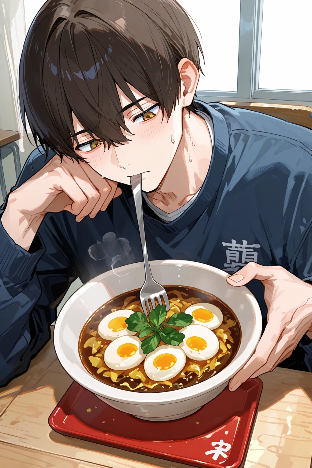 Boy sitting and eating curry