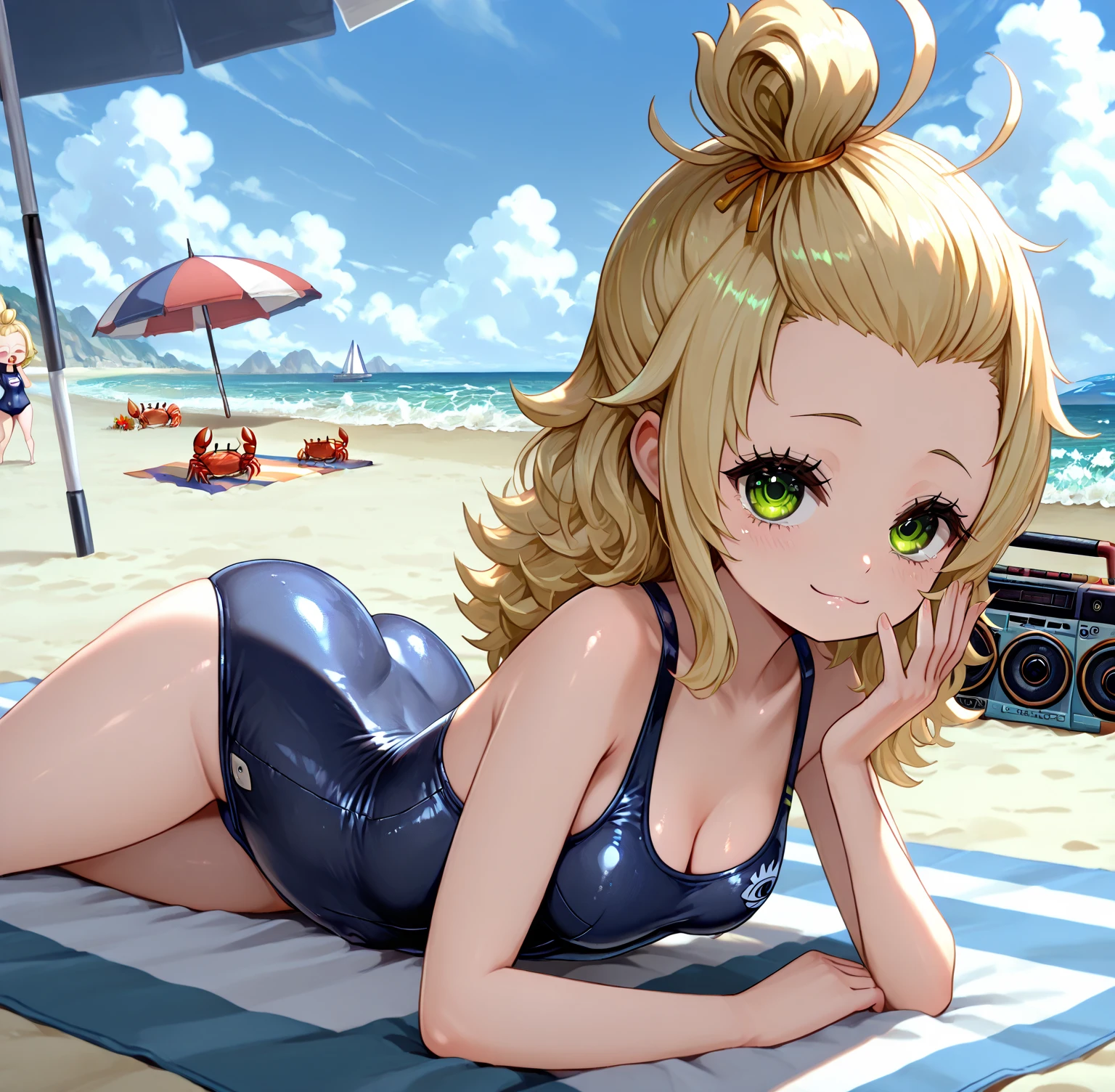 a GIRL in a white tank top on a beach chair with sunglasses on, 1girl, swimsuit, bikini, tan, tanlines, solo, blush, micro bikini, , navel, lying, on back, one-piece tan, arm up, blonde hair, armpits, spread legs, sweat, red eyes, looking at viewer, closed mouth,Ichigo Hoshimiya (Aikatsu!),sitting, squating, looking down, look at the  viewer, from below
