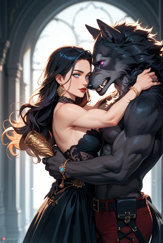 In the enchanting world of anime and hyperrealism, there exists a captivating scene of a teenage male werewolf named Axel, embodying the essence of strength and gentleness. His handsome, exquisite features are accentuated by his piercing green eyes that gleam under the high detail, sharp focus lighting. He tenderly cradles a beautiful woman in his arms, her radiant eyes speaking volumes of love and admiration. The very romantic background is painted with hues of moonlight filtering through the lush, green forest, casting an ethereal glow upon them. With the intricate details and hyperrealistic rendering, each strand of Axel's fur and every