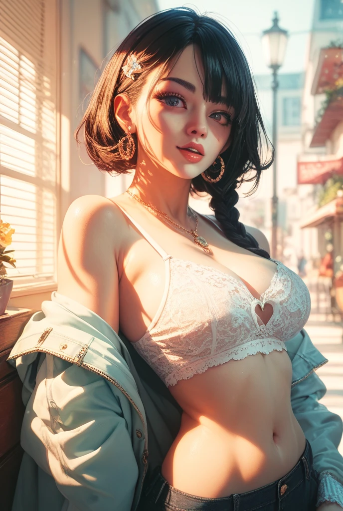 (pink lace mini bra, shirt lift, lifted by self:1.2), mini skirt, ((Best quality, 8k, Masterpiece :1.3)), Sharp focus :1.2, A pretty woman with perfect figure :1.4, Slender abs :1.2, ((Dark brown hair, Big breasts :1.2)),City street:1.2, Highly detailed face and skin texture, Detailed eyes, Double eyelid, (despise:1.5), mini skirt, cowboy shot,