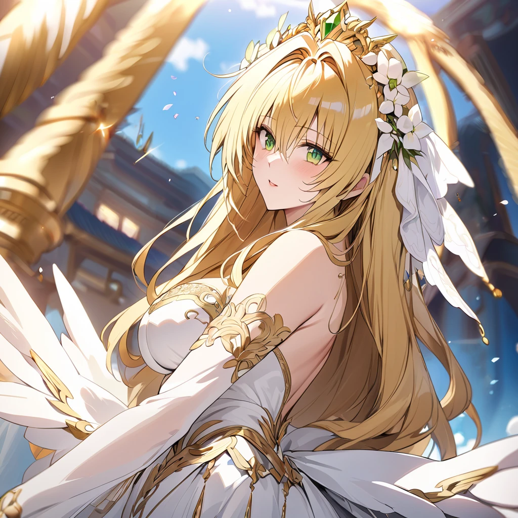 ((Finest quality)),(超A high resolution),(ultra-detailliert),(Meticulous portrayal),((Best Anime)),(Finest works of art),Ultra-Precision Art,The art of astounding depiction,Overwhelming depiction:1.5,(Fantasyart:1.5), ((One Pretty Goddess:1.5),(Soft smile:1.6),(running with arms outstretched:1.1), Meadow glow:1.4, Wind blowing through:1.1, Soft sunlight:1.5, colorful flower, butterflys々,birdie