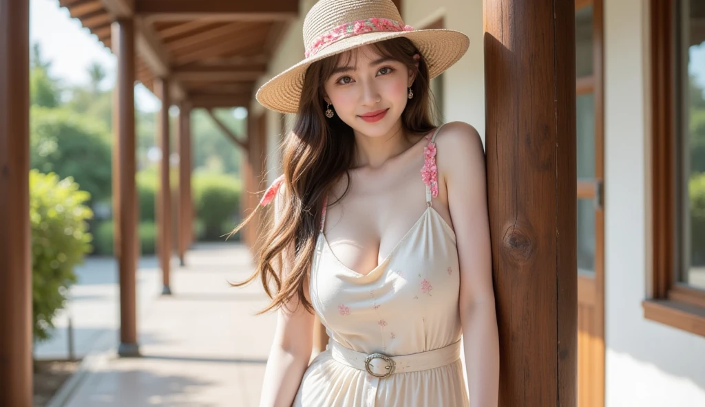 huge breasts, beautiful girl, high image quality, like taken with a SLR, summer clothes, straw hat, clothes, dress