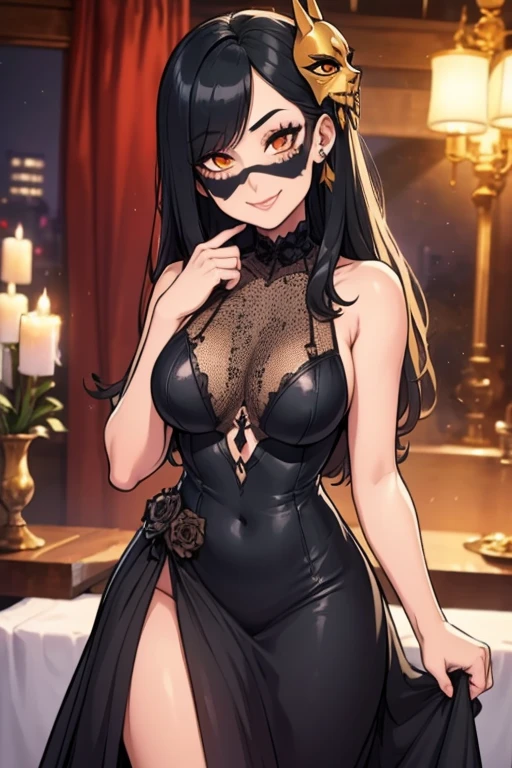long black hair woman, perfect body, purple eyes, adult, sexy, wearing masquerade mask, manhwa, seductive, sexy pose, nude, in elegant noble bed chambers, 2d, anime, perfect curves, smile, round breasts, inviting for sex, sitting on bed, open legs, completely nude