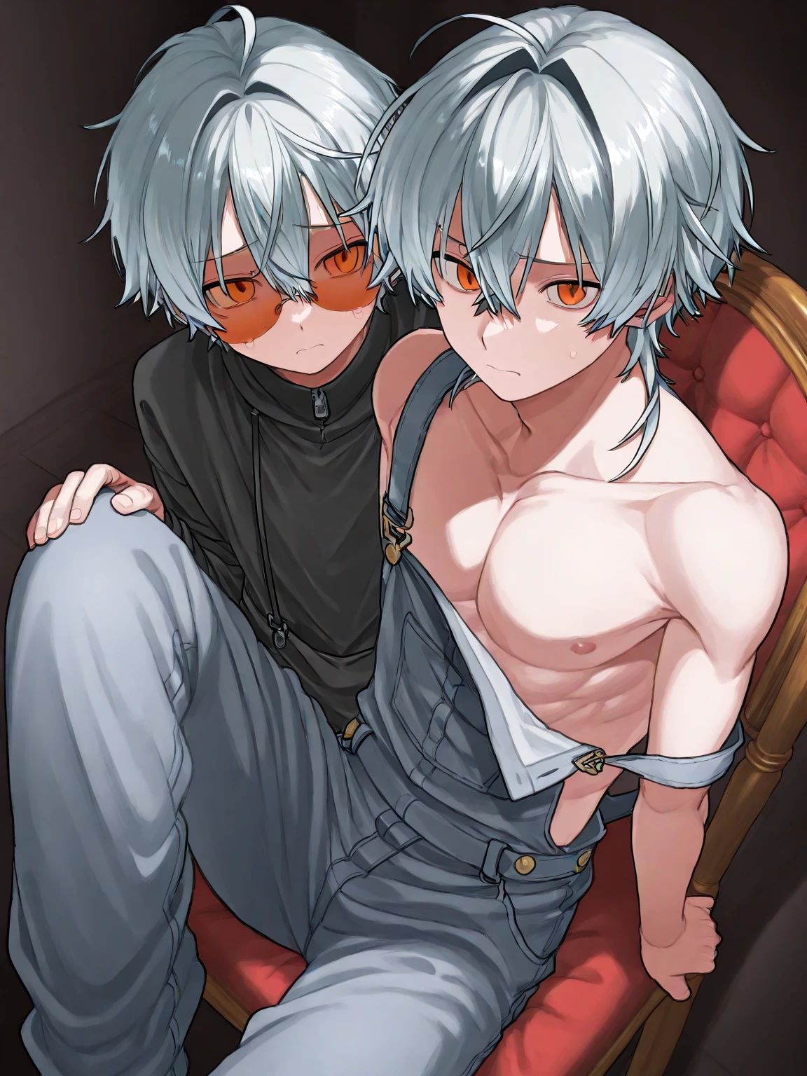 white skin, Close your eyesสีดำ, Medium hair length, white hair, All black and red Islamic warrior outfit, smile brightly, with a scarf, man, Cloak and old coat. belly out, Shirtless, Close your eyes, Close your eyesสีดำ,cum,thin,เอวthin,