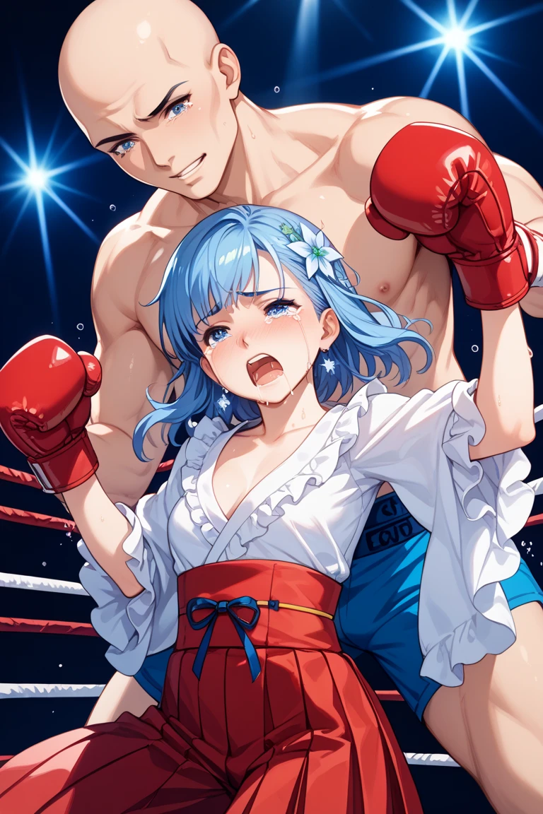 (((masterpiece))),(((best quality))),(ultra-detailed,high resolution:1.2),(illustration),((an extremely delicate and beautiful)),(detailed background), (((((hug from behind)))), sex from behind, standing sex, ((((motion lines)))), vulgarity, (((wrestling ring)))), ((1petit girl)and(1muscular man)), (height difference),hetero, ((((1petit girl,short stature)))), ten years old, (slender body:1.4), (long hair,messy hair),white hair, red eyes, ((((flat chest)))), covered navel, collarbone, pale skin,shiny skin,((She wears one piece swimsuit,frilly swimsuit, hair ribbon)), ((((panicking)))), (wavy mouth), open mouth, (trembling), (cum on clothes:1.4),cum on body,excessive cum,cum facial,bukkake,cum on hair,cum in pussy, clothing aside, clothed, (1muscular man,tall stature:1.4),large penis, ((((he has hair)))), he looks ahegao, text,