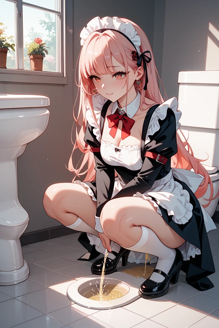 solo person,A female high school student,huge tit,spread their legs。Pee, white shirt,short skirt,huge boob,exposing her chest。squatting on the toilet bowl。black lence stockings,Pink hair ,white stockings,high-heels,The neck is chained。