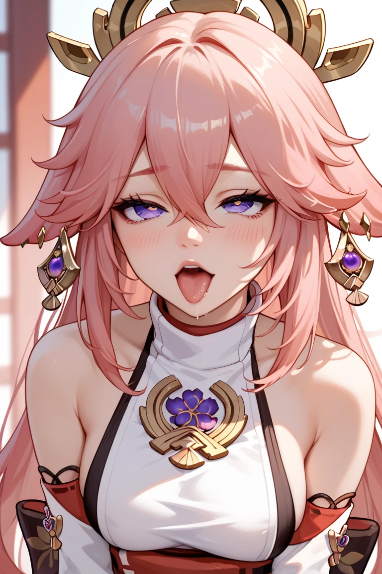 ((masterpiece,best quality)), high resolution, ultra detailed,8k,16k,detailed background, perfect lighting,detailed beautiful eyes, 1girl,solo,nsfw,embarrassed,blush,steam,breath,look at viewer,saliva trail,half-closed eyes,(happy smile:1.2),(oral,screaming,show mouth:1.3),ahegao,seductive eyes,face focus,(from front,from above:1.4),chin up,kneeling,be breathless,sweat,fisheye lens,stick tongue out,portrait ,yae_miko_genshin,
long_hair, pink_hair, bangs, purple_eyes, hair_between_eyes, jewelry, hair_ornament, earrings, smile, breasts, large_breasts, blush,japanese style house,nude,anime style