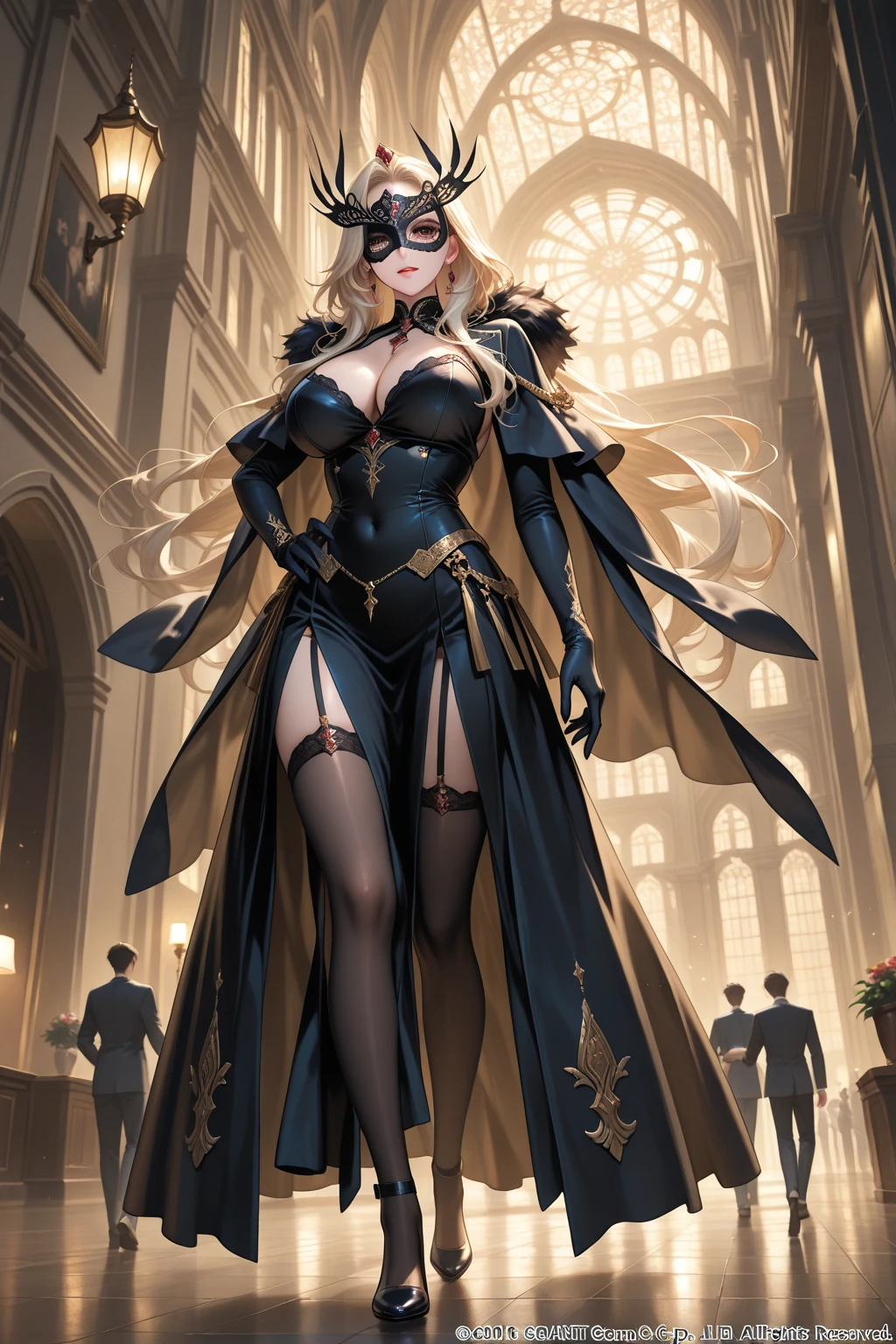 realisticlying、A 23-year-old girl、Medieval European aristocracy、(Masquerade)、from below looking up、Write、Wearing a gold long-sleeved dress、Various sexy poses、(Venetian mask)、Face smile、Transparent buttocks、