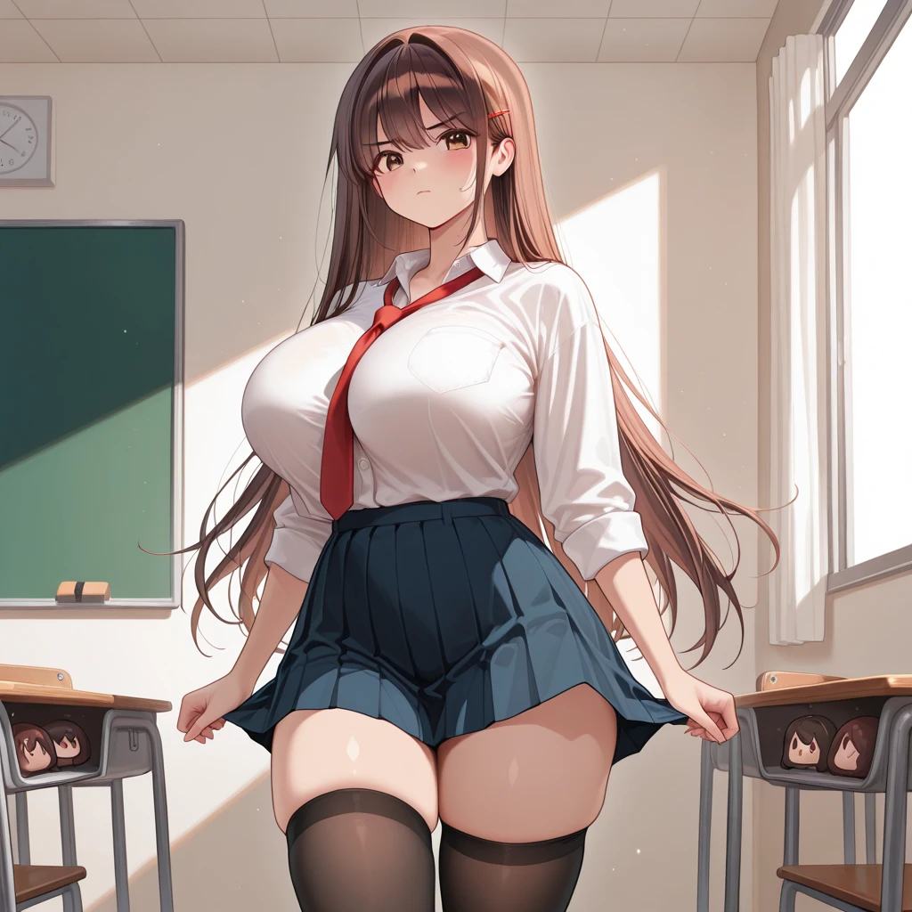 (masterpiece, best quality, ultra detailed, absurdness)1.5, 1girl Eris Boreas Greyrat (sexy, beautiful woman, perfect face, perfect eyes, perfect female body, huge breasts)1.5 (Japanese , skirt, brown schoolgirl shoes, long white socks, [knee socks thigh] loafers, long messy hair, big hair) (sitting on a desk, crossed legs, inside a classroom), perfect lighting, smooth