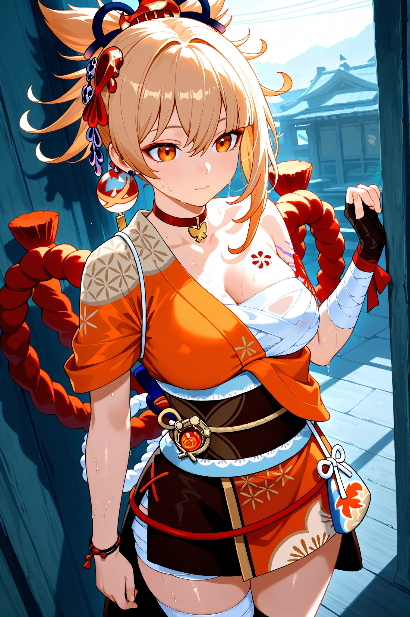 (Masterpiece), Best quality, Expressive eyes, s the perfect face, are standing, Anime figure,The influence of Genjin,Femme,,Large of breast,, H-cup, yoimiya_Genshin，Mischievous，stooped，legs focus