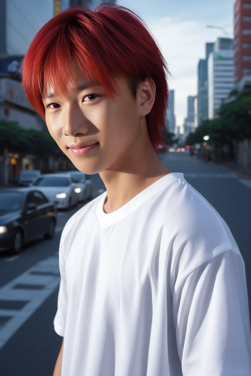 CyberRealistic_Negative_PONY,1boy, solo, asian male boy, red hair, short hair, mullet, handsome, white social shirt, portraid, city, shy smile