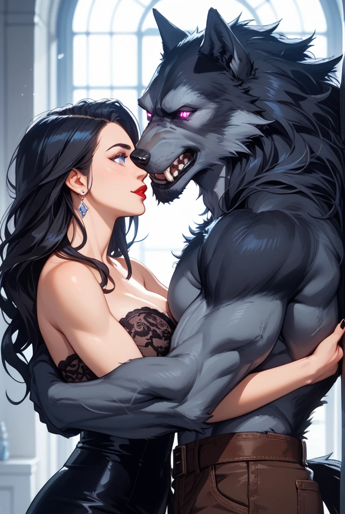 furry biped muscular handsome black wolf white chest and abs pink nipples grey loincloh smile red eyes laying in bed hug kiss male human