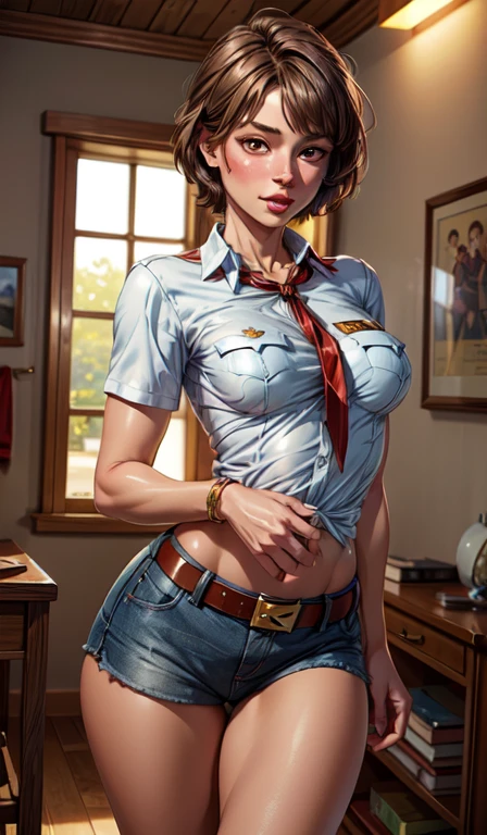 Hyper detailed image, UHD, 16k, professional photo, (Realistic photo of Android-18 From Dragon Ball Z) girl Goddess of beauty, very straight short blonde hair, serious face expression, ((she wears a blue denim jacket and a cropped white shirt, short white underground showing flesh of the breast)), erotic, open denim jacket showing her impressive, beautiful and perfect big breasts, sagging natural breasts, ((tits, ultra giant pointed long breasts sticking out of the jacket)) full breasts, body big skinny, curvy, pert ass, she wears a belt and a (((blue denim skirt raised she doesn't wear panties, pussy showing, pubic hair showing))), brown boots, perfect hands and fingers,
  android 18, sexy saiyan girl, she releases bursts of power, ki, Official Art, Android-18 Sexy female, official art of the character, sexy female protagonist, curved body, thin and toned, legs open, exposed, micro thong threaded into her pussy:8, Akiri Toriyama, Director: Akira Toriyama, Bulma from Dragon Ball, Best Anime Character Design, Style Akira Toriyama, unique character beautiful, semi-nude, (great lighting) (pussy, Pornography, pubic hair)