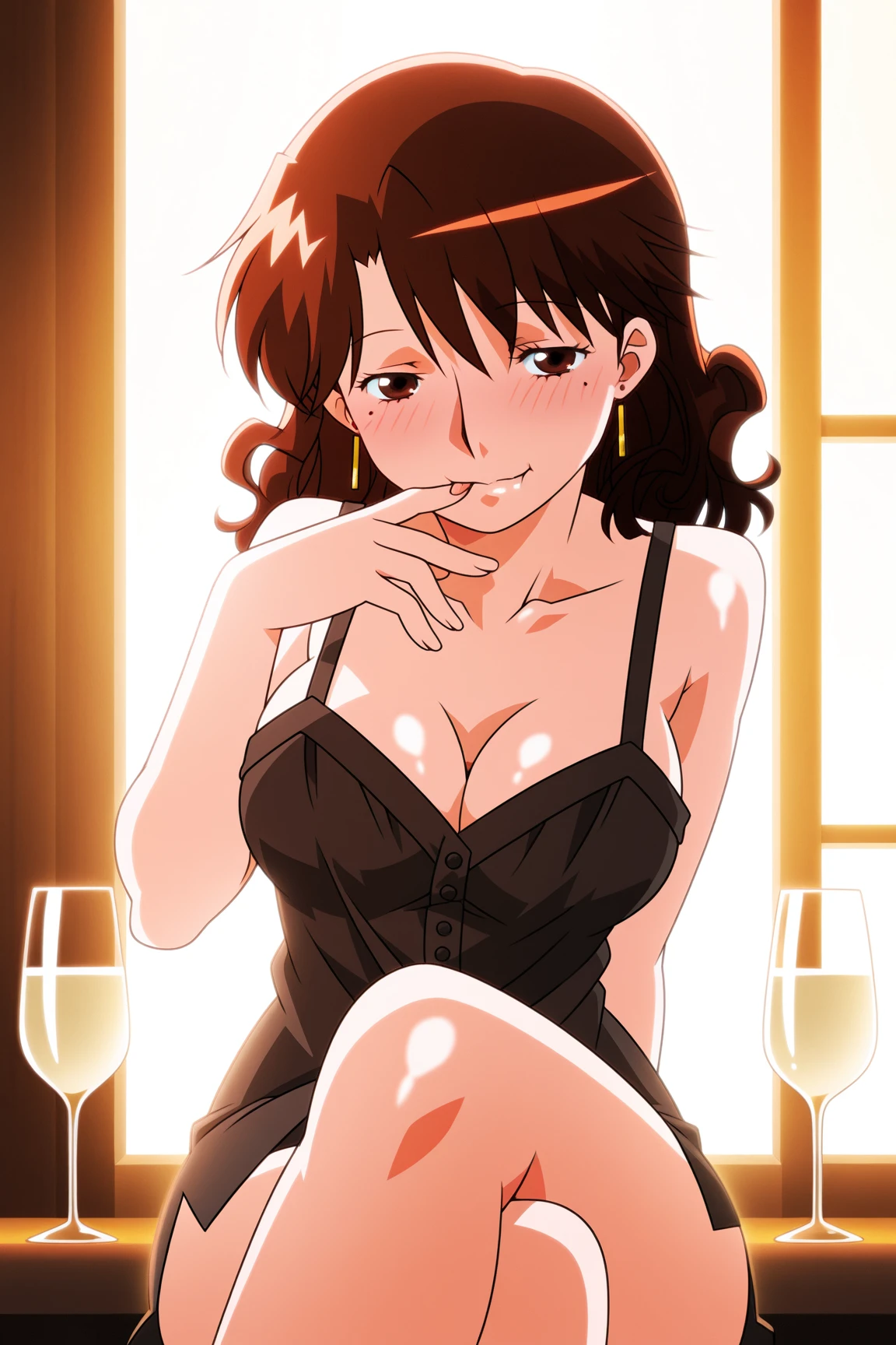 ((masterpiece)), best quality, ultra detailed, looking at viewer, intricate details, rich colors, sharp focus, volumetric lighting, dramatic atmosphere, nabiki tendo, brown eyes, nabiki, looking at viewer, 8k, 4k,light particles, highly detailed, detailed eyes, office INTERIOR, solo, bob cut, mini dress, pelvic curtain dress, heels, TendouNabiki, heels, cleavage, sit on bar chair, white panties, jewels, black heels, jewelry, hands on chest, upclose camera, crossed legs, night time, bar background, glass of wine, blush,