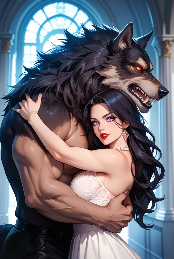 In the enchanting world of anime and hyperrealism, there exists a captivating scene of a teenage male werewolf named Axel, embodying the essence of strength and gentleness. His handsome, exquisite features are accentuated by his piercing green eyes that gleam under the high detail, sharp focus lighting. He tenderly cradles a beautiful woman in his arms, her radiant eyes speaking volumes of love and admiration. The very romantic background is painted with hues of moonlight filtering through the lush, green forest, casting an ethereal glow upon them. With the intricate details and hyperrealistic rendering, each strand of Axel's fur and every
