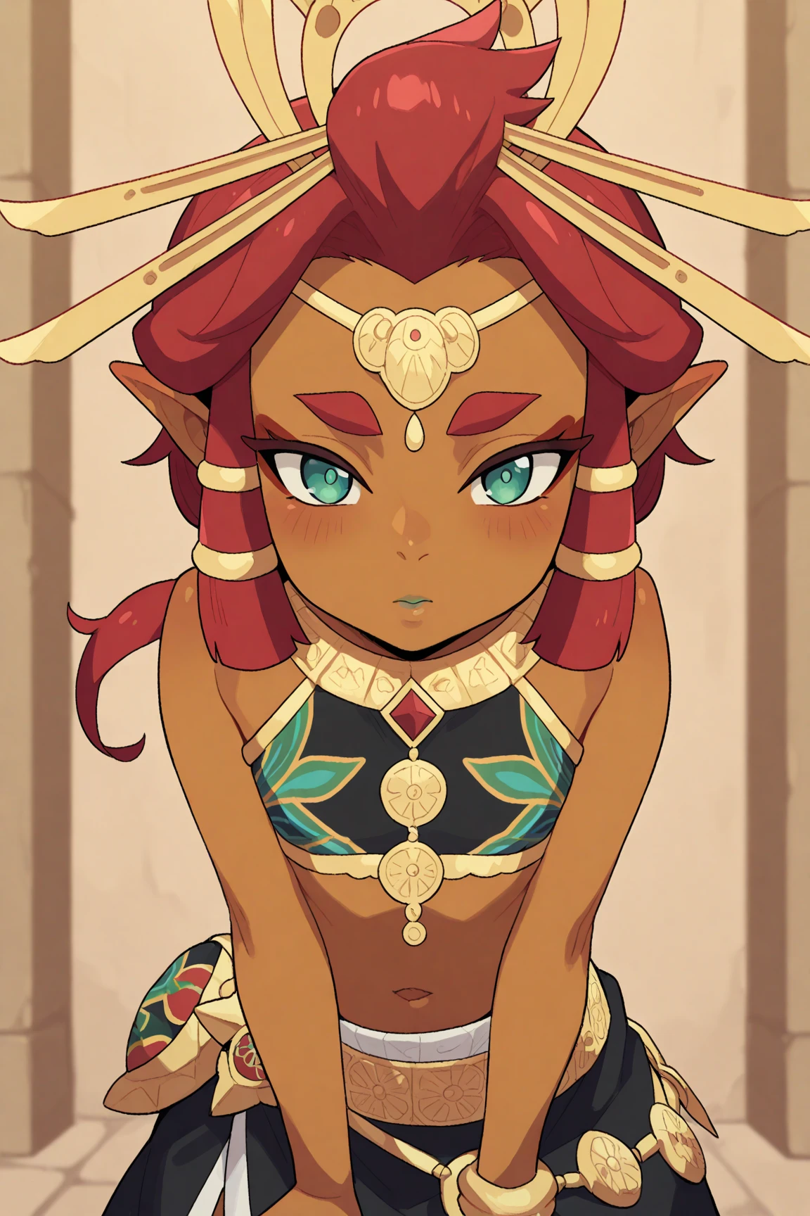Gerudo woman showing her feet, barefoot, big feet, spread legs, dark skin, red hair, gerudo, big nose, foot focus, soles, toes, curled toes