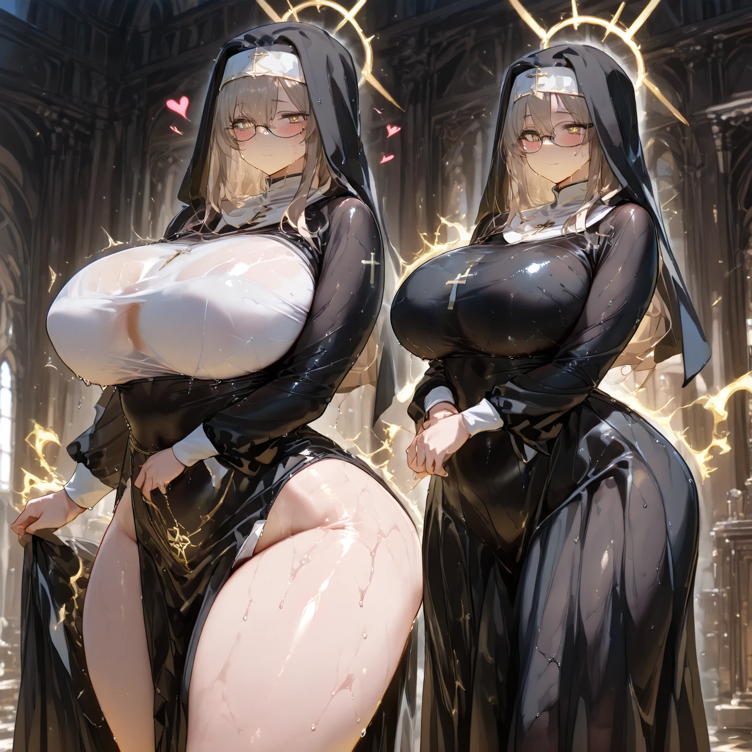 (twincest),((Heterochromic pupils)),Striped hair,White color hair, Twist braids, mismatched pupils, Chiaroscuro, back lit lighting, Gothic art, 16k, Best quality, Anatomically correct, High details,lewd nun,(huge tit),(white stockings),red pupils,thongs,(ssmile),strappy,srestrained,leg loops,Chains,((goat horn)),((Pious nuns)),Heart-shaped openwork,((Thigh strangle)),(Pubic bone),(Silk glovelack skin))),Brown skin,Dark skin,(african man),negroid,elvish ears, genshin impact, clorinde (clorinde) (genshin impact)