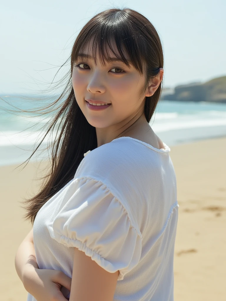 Composition from bottom to top:2.53,One Girl、Beautiful and detailed eyes and face、barefoot、Cute 16 year old Japanese girl, ((Extremely precise and accurate anatomy:1.0)), (photo Realistic:1.4), (hyper Realistic:1.4), (最高品質のRealisticな肌の質感:1.4), (Improvement of quality:1.4), (Enhances the beauty of skin texture:1.1), Clean and glowing skin, mesh, thin:1.2, (Realistic:1.3), Realisticなライティング, (Smoother lighting:1.05), (Improving the quality of cinema lighting:0.9), Backlight, A gentle light for your face, Ray Tracing, (Bright light:1.2), 32K, One Japanese woman, fine grain, Detailed face, (Film Grain:1.1),(Accentuates body lines:1.1), High resolution, Natural look, Kind eyes, Improves hair quality, Delicate light and shadow, Graceful pose, Sharp details, Soft light reflection, Beautiful contours, Delicate skin tone, Fine hair texture, Natural background, (((sunnyた日、School Area、A strong wind is blowing、Her hair and skirt are flying、 Open shirt、Pleated skirt、stroll:1.25、Light of the sun、sunny、stage、Blue sky and white clouds、The joy of youth)))、