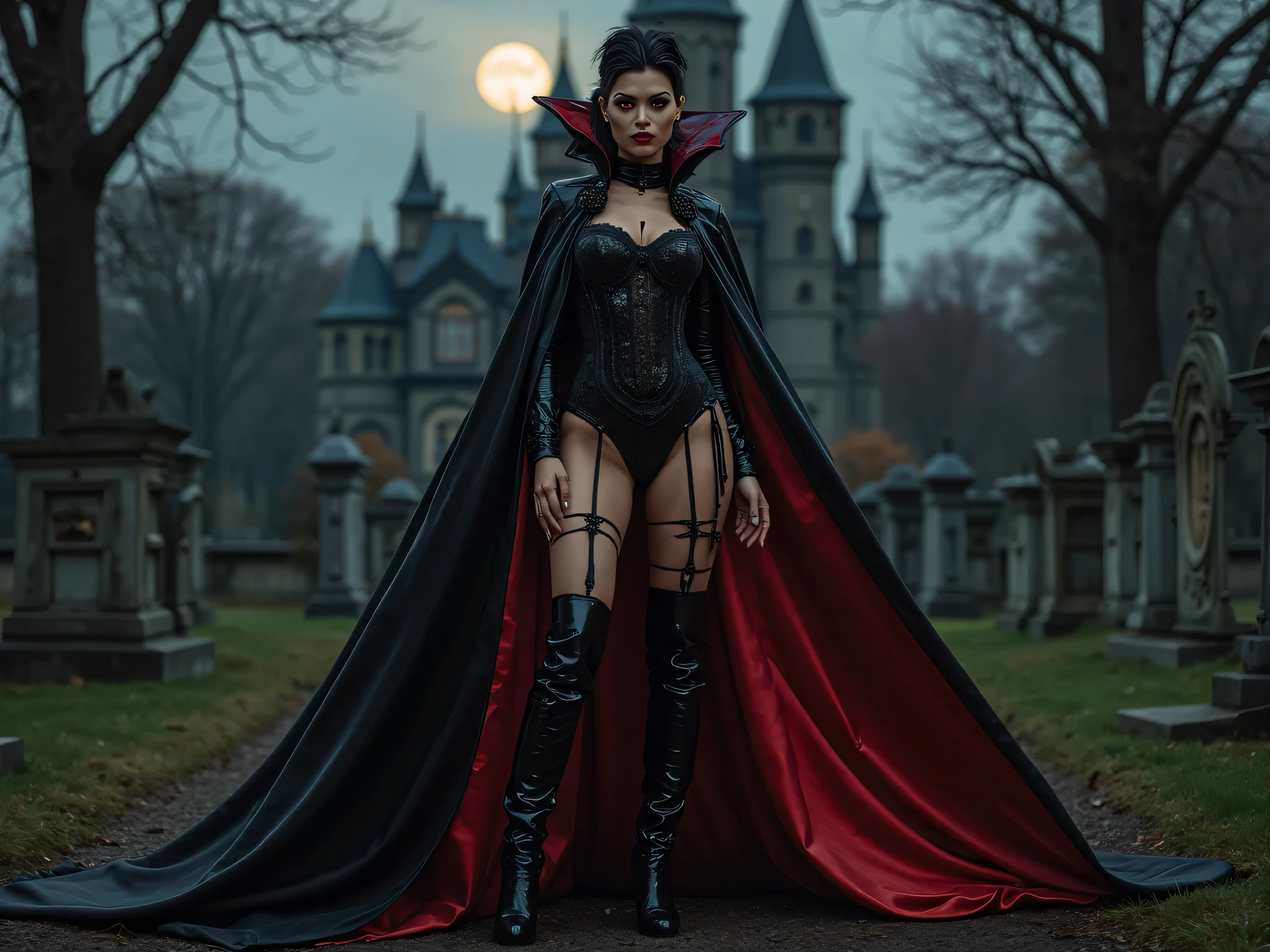 Beautiful 20 year old woman, large tits, with short messy wavy black hair, wearing a red corset with black accents and black cloak, standing in a foggy cemetery at night, (red lipstick:1.5), realistic skin texture, (cross necklace:1.2), (looking at camera:1.3), (Valentines day style and Gothic Art:1.4), photo realistic, 8k