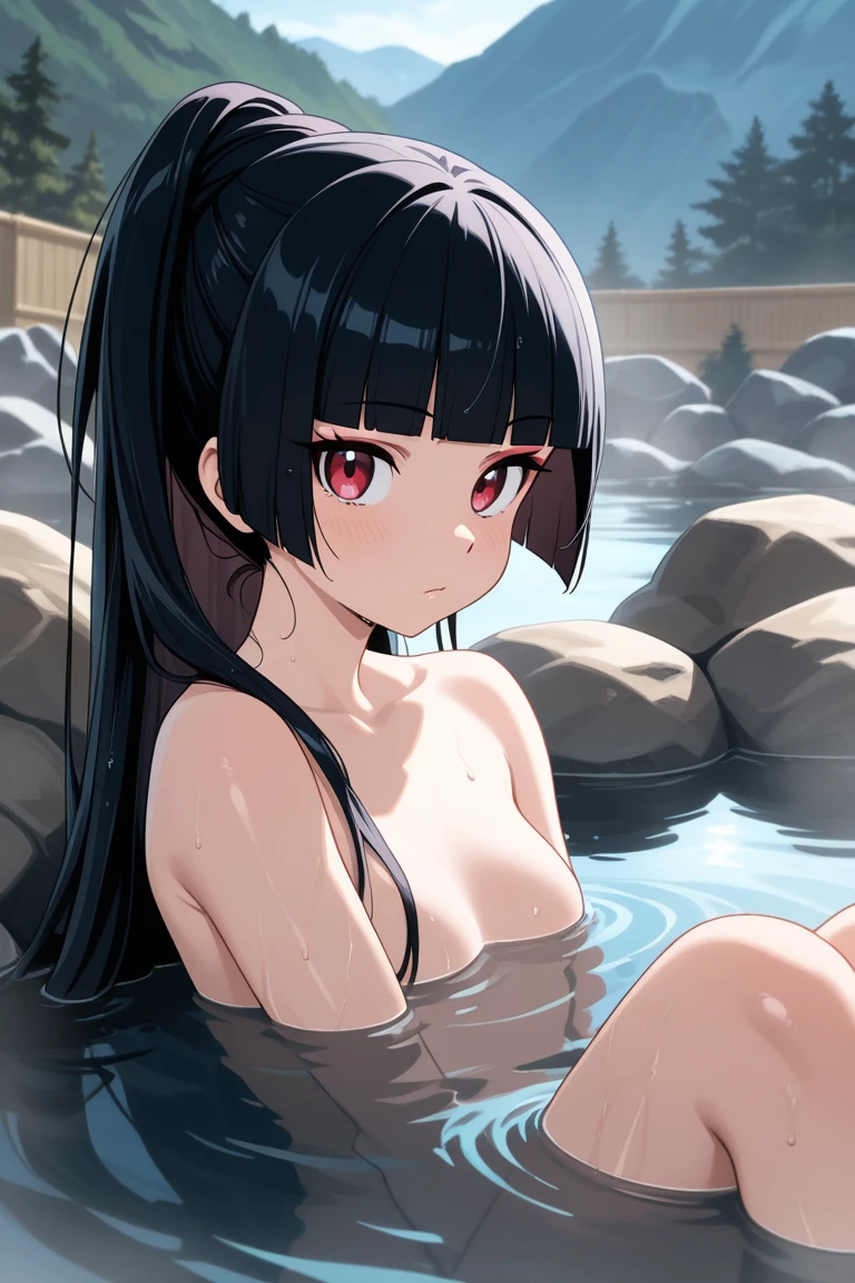 White hair band、Red eyes、Black Hair、Yor Briar、water surface、Lying face down facing the camera、One Girl、water surfaceで寝そべっている、