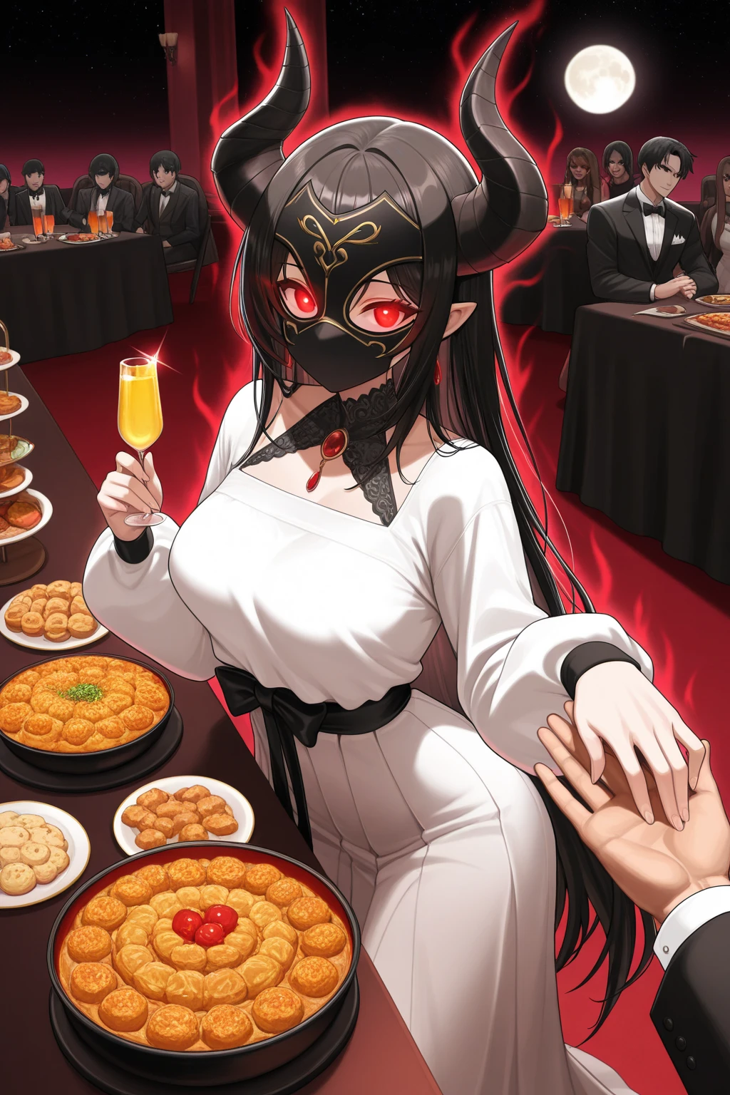 (((masterpiece,Highest quality))),(((Devil anime woman with fly motif))),(((He is sitting alone at the table, holding his knife and fork in front of a sumptuous meal))),(Human-like design),Focus on people,(high quality),アニメ