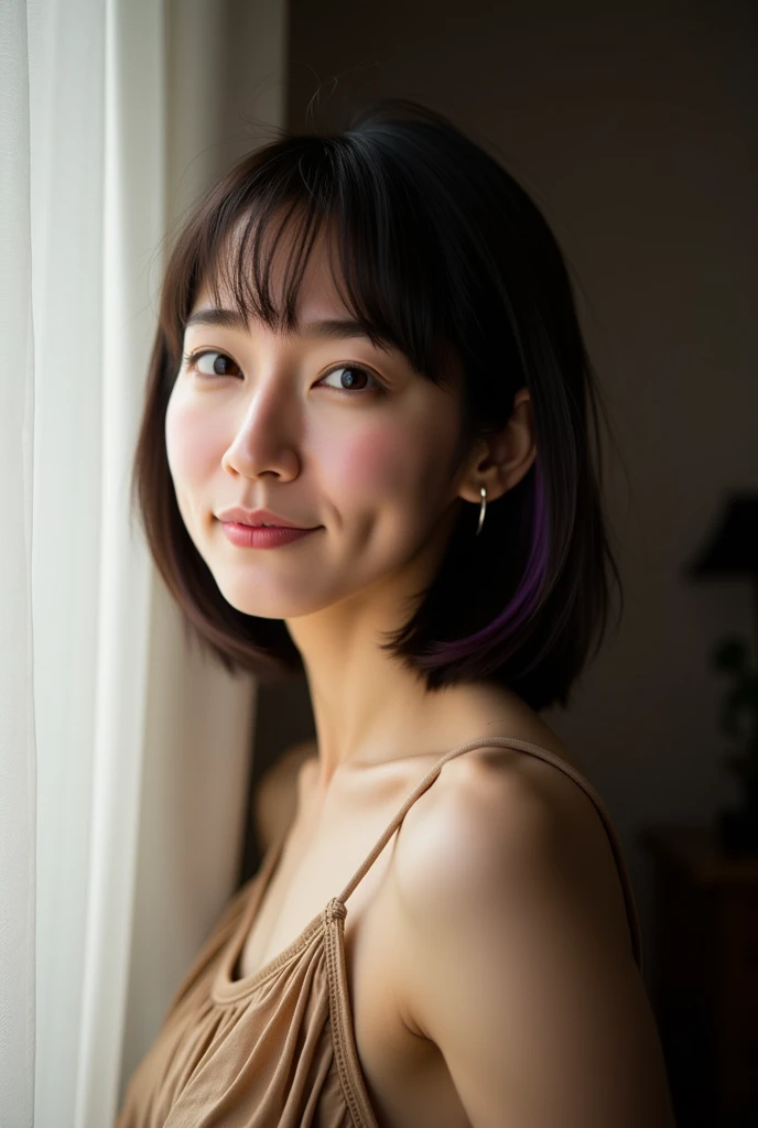 （whole body:1.5) beautiful japanese girl、bob cut、（detailed purple hair:1.５）、asymmetrical bangs、big magic eyes、detailed beautiful eyes、pale pink lips、thin eyebrows、18 year old beautiful girl、smooth soft skin、Bright interior、on the bed、black camisole、white regular shorts、leaning forward、touch the big toe、Detailed and perfect clavicle、Beautiful chest with attention to detail、Beautiful legs with attention to detail、gentle smile、professional lighting、professional photographer