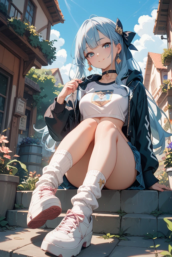 ((beautiful lighting)), corte bob de cabello plateado ondulado, gal, Medias ajustadas, Muy lindo, pechos enormes, muslos gruesos, Uniforme escolar, escote, ????, (Obra maestra)), ((highest qualityr)), gargantilla, wet with white liquid, piernas abiertas