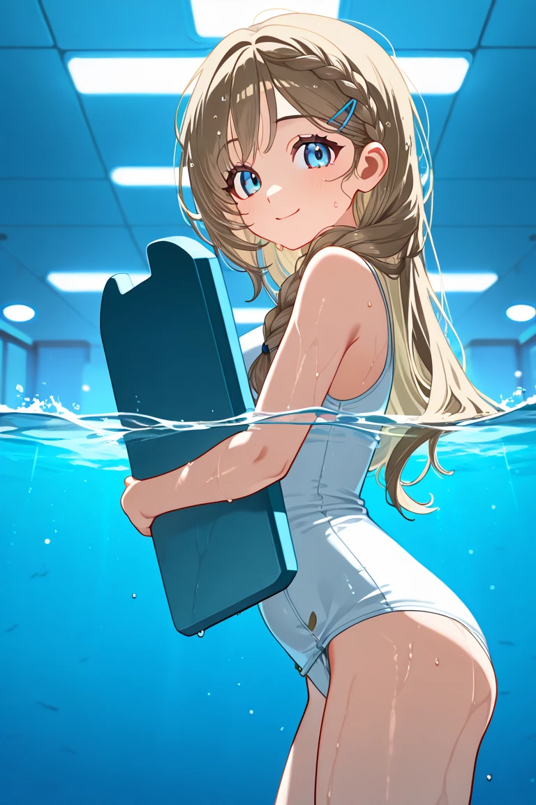 (masterpiece), (best quality), (ultra-detailed), photorealistic, (best illustration), (an extremely delicate and beautiful), 1girl, (hachi:1.1), solo, full body, finely detailed iris, one-piece swimsuit, white thighhighs, (white headwear), (glasses), smile, <lora:hachi_nai_2:1:INS_MIDD> underwater, sunlight, diffraction spikes, ahoge, large breasts, hair ribbon, white ribbon, low twintails, long hair, armband, name tag, thighs, (torpedo), school swimsuit, blue eyes, torpedo emerging from (open book)